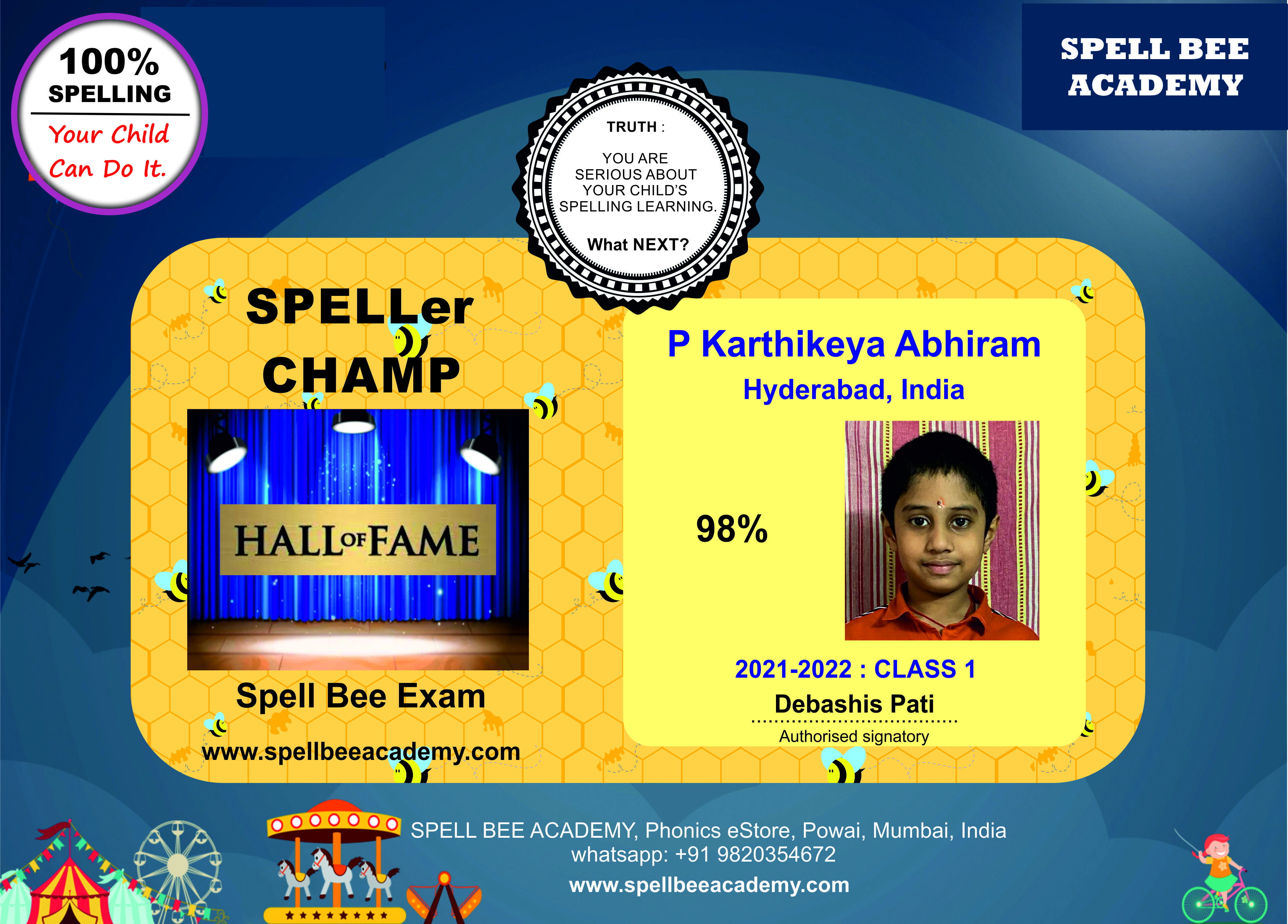 Spell Bee Hall of Fame P Karthikeya Abhiram class 2 grade